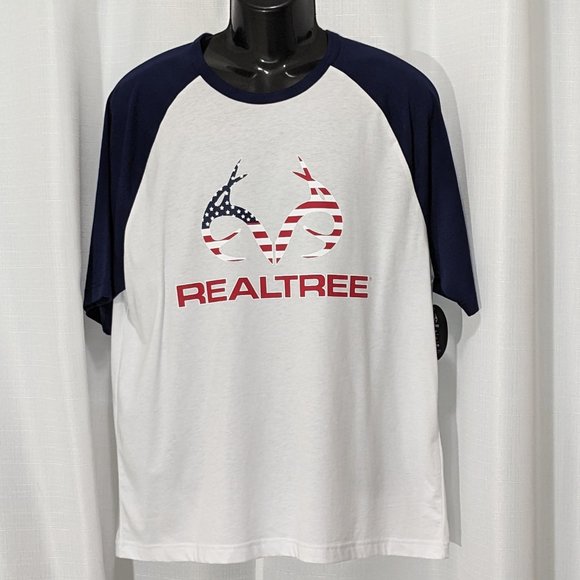 RealTree Men's White w/Blue Sleeve Americana Logo Baseball Tee Size L - Picture 1 of 6